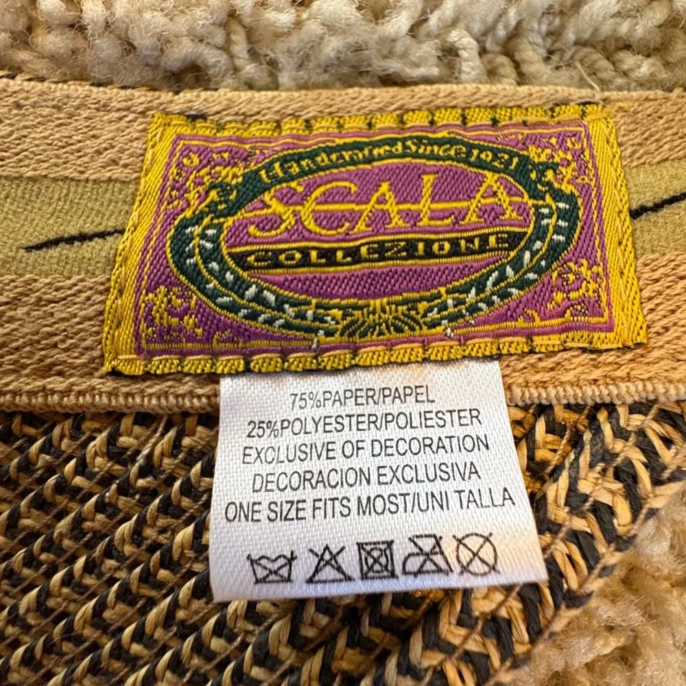 Scala Collezione Women Tan Black‎ Braided Straw Sun Visor Adjustable One Size